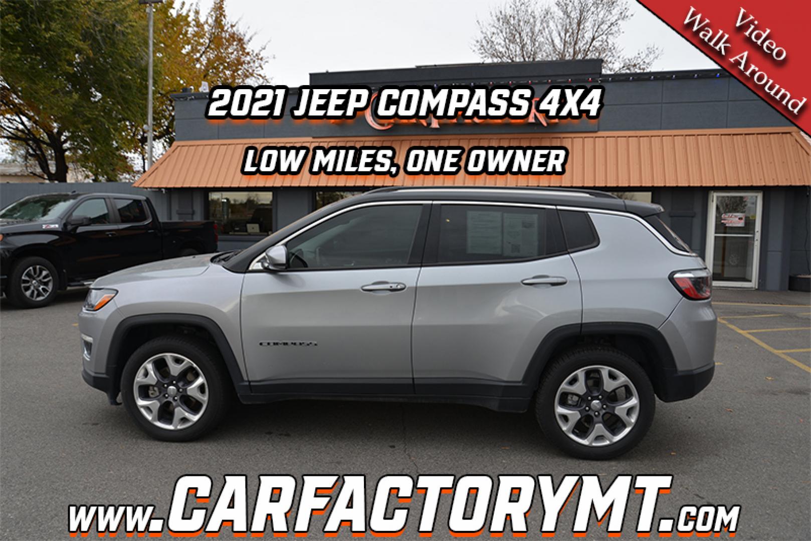 2021 Billet Silver /Gray Jeep Compass Limited with an 2.4 I4 engine, 9 speed automatic transmission, located at 4562 State Avenue, Billings, MT, 59101, (406) 896-9833, 45.769516, -108.526772 - 2021 Jeep Compass Limited 4WD - One owner! 2.4L L4 DOHC 16V Engine - 9 speed automatic transmission - 4WD - 50,690 miles - One owner! Limited package - air conditioning with dual zone climate control - tilt and telescoping steering wheel - adaptive cruise control - touchscreen bluetooth audio - Photo#1