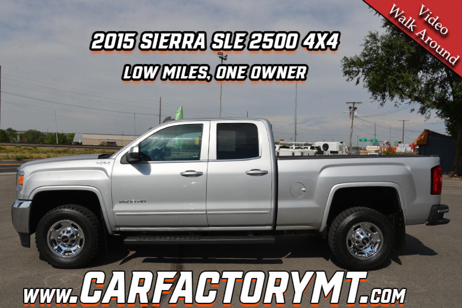 2015 Quicksilver Metallic /Dark Ash GMC Sierra 2500HD SLE Double Cab 4WD (1GT22YEG7FZ) with an 6.0L V8 OHV 16V FFV engine, 6-Speed Heavy Duty Automatic transmission, located at 4562 State Avenue, Billings, MT, 59101, (406) 896-9833, 45.769516, -108.526772 - 2015 GMC Sierra SLE Double Cab 4x4 This Low Mileage GMC is a One Owner truck with no accidents reported on the history report. the Interior and Exterior are in very clean shape given its year. The Sierra runs and drives nicely. The Tires are 17 Inch Nitto Grappler's and they are in great condition - Photo#1