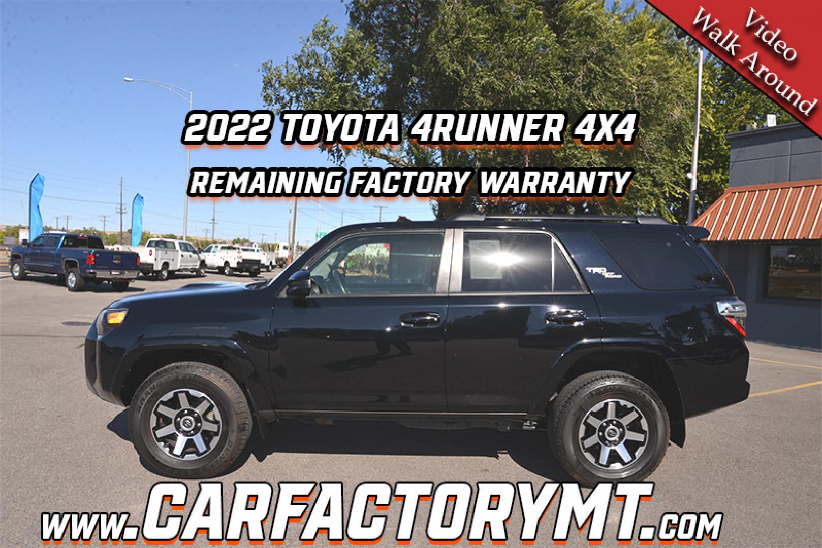 2022 MIDNIGHT BLACK METALLIC /Gray Toyota 4Runner TRD Off-road 4WD (JTEPU5JR4N5) with an 4.0L V6 DOHC 24V engine, 5 Speed Automatic transmission, located at 4562 State Avenue, Billings, MT, 59101, (406) 896-9833, 45.769516, -108.526772 - 2022 Toyota 4Runner TRD offroad 4x4 It is a low mileage one owner SUV with remaining factory warranty, it runs and drives nicely. The interior and exterior are very clean. The Tires are 17 Inch Dunlap Grand Trek's and they are in good shape it has a 4 Liter V6, 5 Speed Automatic Transmission, Lo - Photo#0