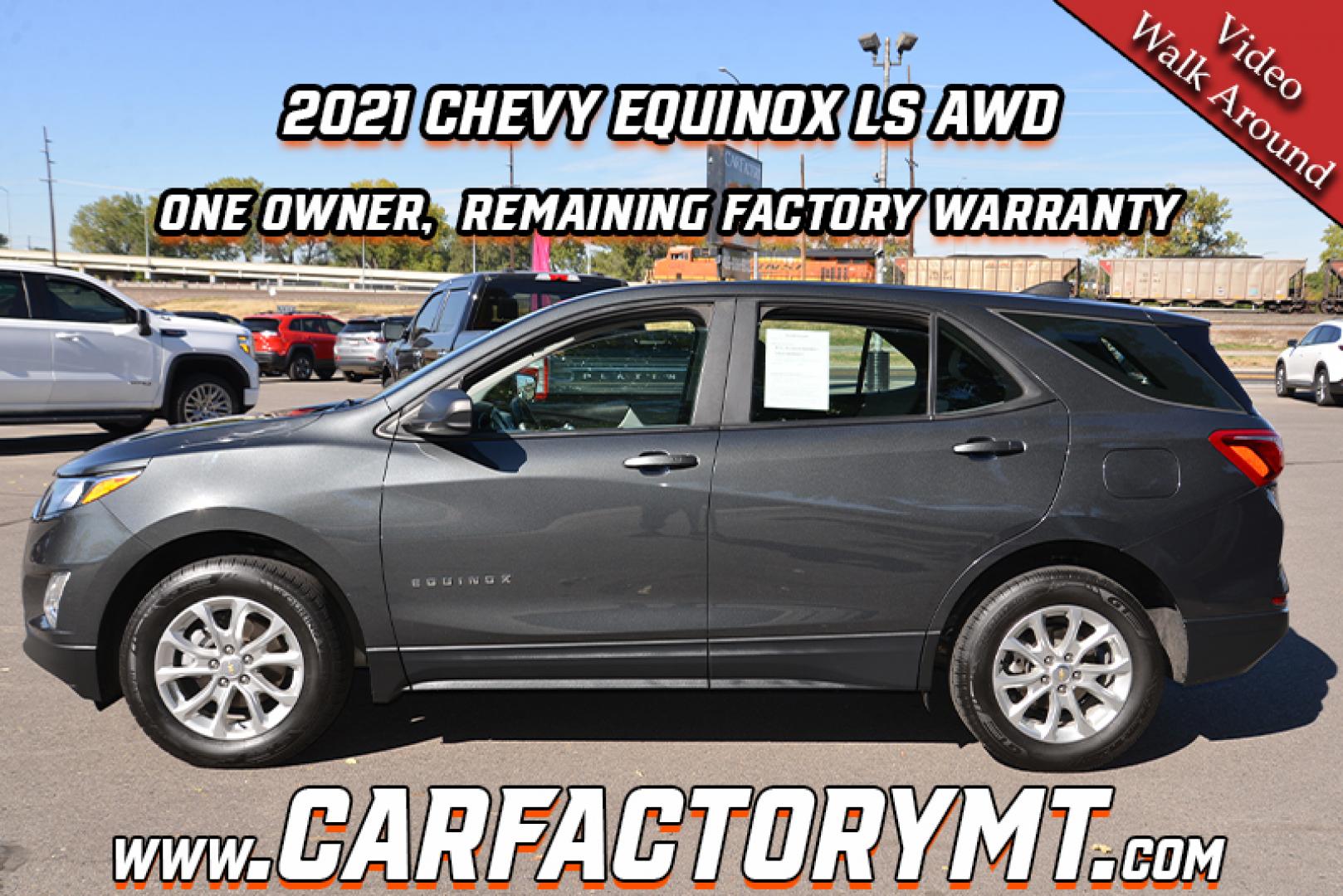 2021 NIGHTFALL GRAY METALLIC /MEDIUM ASH GRAY Chevrolet Equinox LS 1.5 AWD (2GNAXSEV9M6) with an 1.5L L4 DIR DOHC 16V TURBO engine, 6 speed automatic transmission, located at 4562 State Avenue, Billings, MT, 59101, (406) 896-9833, 45.769516, -108.526772 - 2021 Chevy Equinox All Wheel Drive LS It's a One Owner Cross Over with Remaining Factory Warranty, There are no accidents recorded on the history report. It runs and drives smooth and quiet. The interior and exterior are very clean. The tires are 17 Inch and they are in good shape. It has a 1.5 L - Photo#1