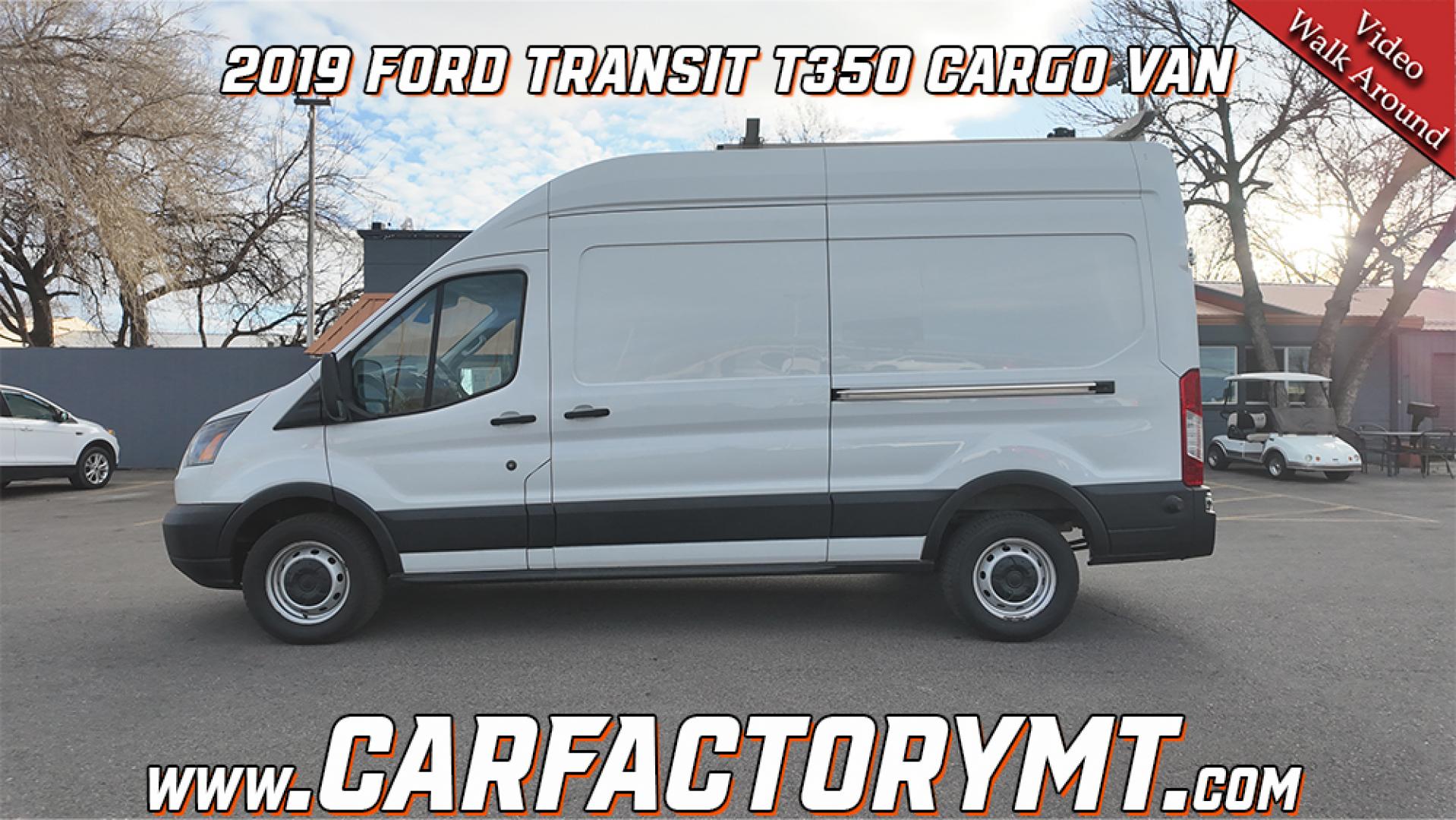 2019 Oxford White /Grey Ford Transit 350 Van High Roof w/Dual Sliding Pass. 148-in. WB (1FTBW2UM4KK) with an 3.7L V6 DOHC 24V engine, 6A transmission, located at 4562 State Avenue, Billings, MT, 59101, (406) 896-9833, 45.769516, -108.526772 - 2000 19 Ford Transit, T-350 High Roof Cargo Van This Low Mileage one Ton Cargo Van has no accidents recorded on the history report, The tires are in good shape. It has been inspected, serviced and it's ready to go to the job site today it has a 3.7 liter V6 Engine, 6 speed automatic transmissi - Photo#1