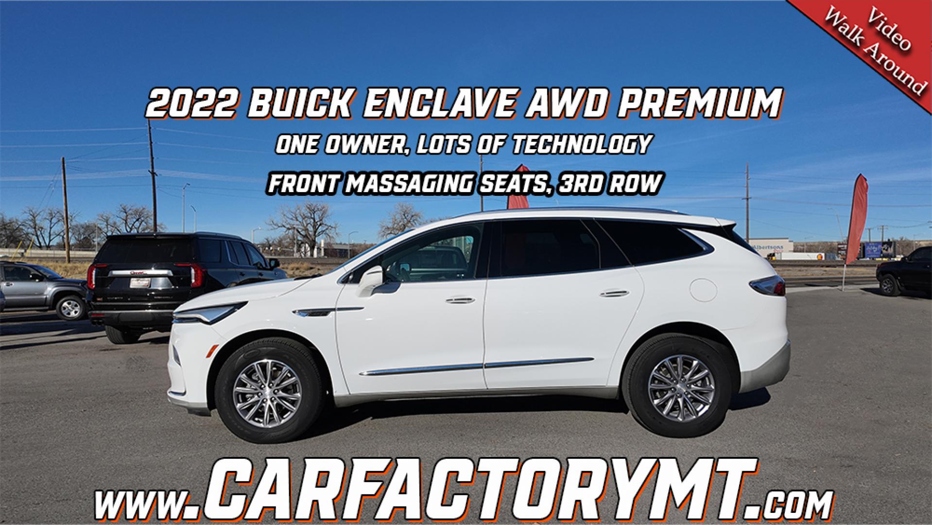 2022 Summit White /DARK GALVANIZED W/ EBONY Buick Enclave Premium AWD (5GAEVBKW7NJ) with an 3.6L V6 DOHC 24V engine, 9A transmission, located at 4562 State Avenue, Billings, MT, 59101, (406) 896-9833, 45.769516, -108.526772 - 2022 Buick Enclave Premium All Wheel Drive This Enclave is a One Owner vehicle, There are no accidents reported on the vehicle history report. The tires are in great shape and the Buick runs and drives quiet and smooth. If you want all the latest tech and 3rd row seating this is the cross over - Photo#0